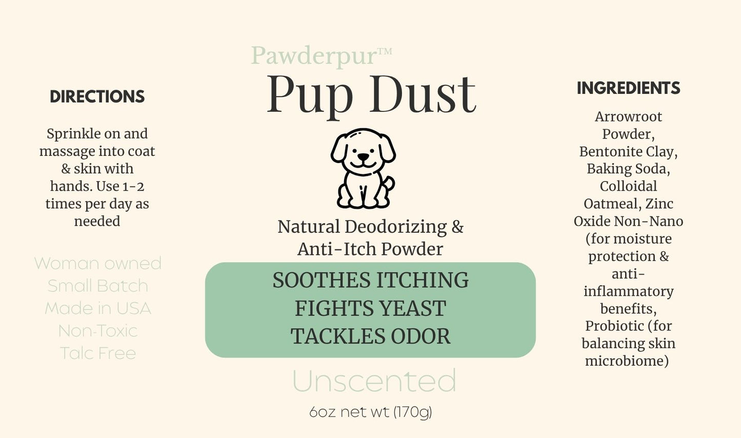 Pup Dust Natural Dog Powder - Soothes Itching, Fights Yeast, Tackles Odor (Talc-Free, Unscented or Lavender)